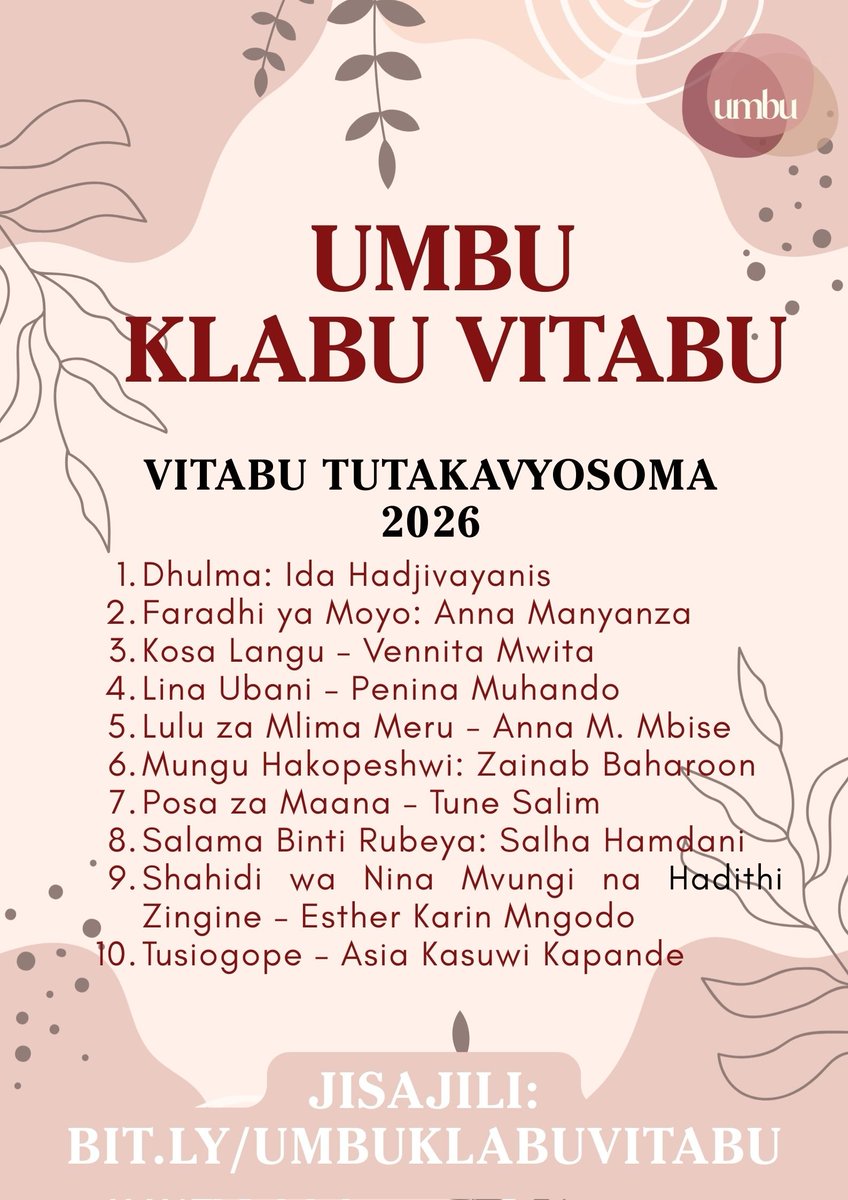 Umbu___'s tweet photo. 📢 Habari wapenzi wa vitabu 🥳🎉
Tunapenda kuwakaribisha kwenye UMBU KLABU VITABU

Klabu hii imefungua milango kwa wanaume na wanawake, wasomaji wanaopenda fasihi ya Kiswahili kukutana na kusoma kazi za wanawake Watanzania.

1 https://t.co/ORd75xE9Yc