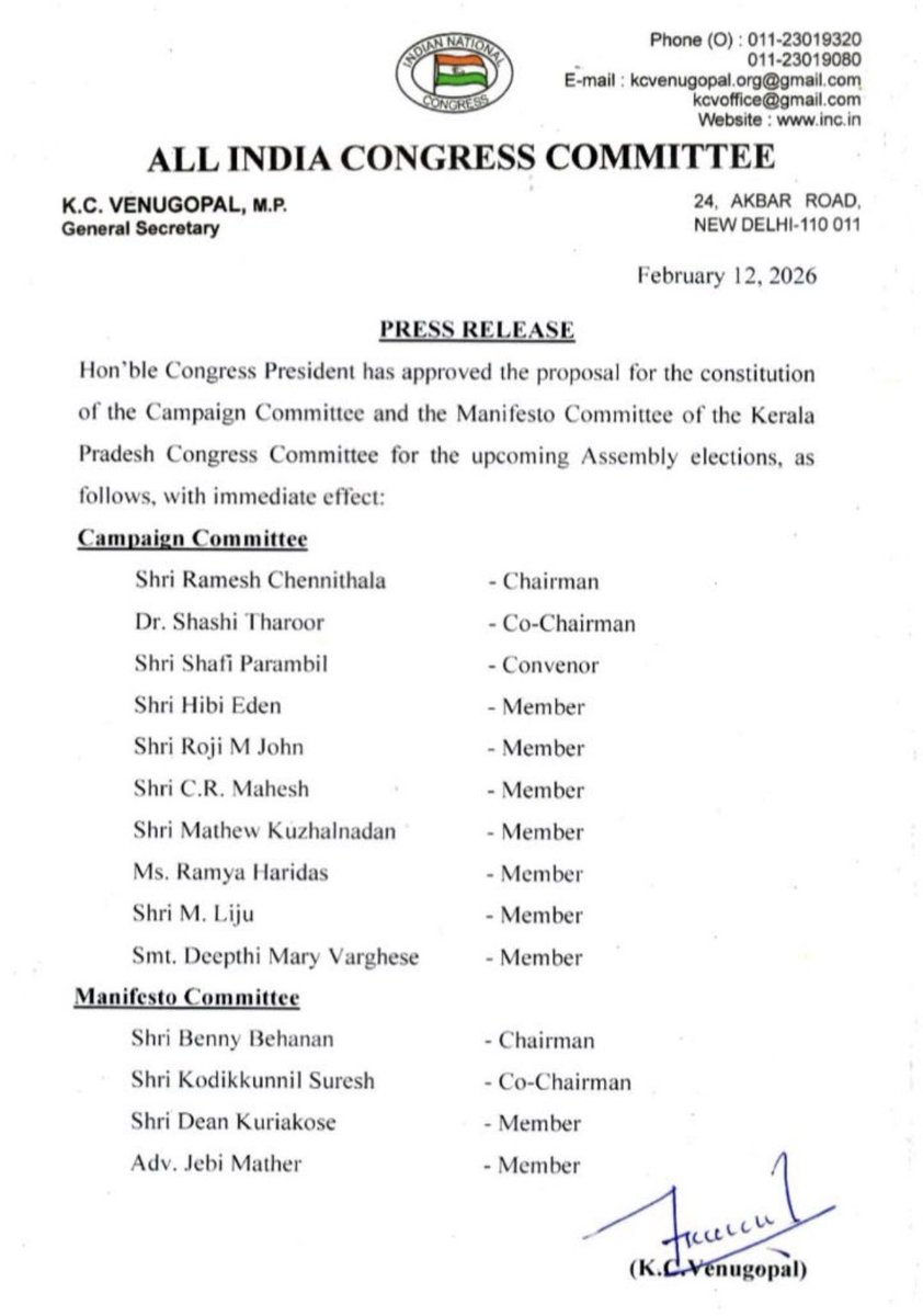 TharoorOffice's tweet photo. Dr @ShashiTharoor has been appointed as Co-Chairman of the Campaign Committee of the Kerala Pradesh Congress Committee for the upcoming Assembly elections https://t.co/ONvYsYAvzL