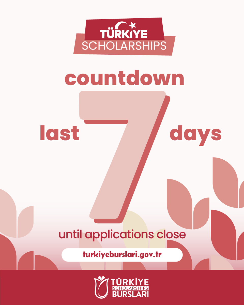 Only 7⃣ days left before applications closed❗

🖱️Once you have filled your application form completely, don’t forget to click on the “Submit” button in the application system.

📆Final Application Date: 20 February 20226

👉 turkiyeburslari.gov.tr

#TürkiyeScholarships