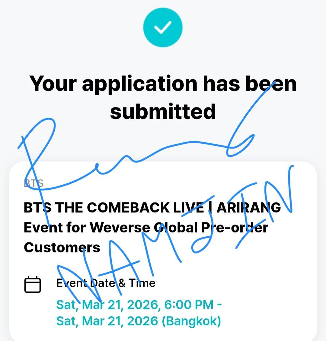 มา!!! ไหน ๆ ล่ะ สักทีสิ เผื่อมันจะได้บ้าง
😅
บนค่ะ!!! ถ้า ครน ได้ราฟเฟิลส์เป็น 1 ใน 2000 คน ได้ไปดู Comeback Live ARIRANG ที่กวางฮวามุน วันที่ 21/3 นี้ แจก 77 บาท รวม 7 คน ค่ะ
💜เฉพาะอาร์มี่นะคะ