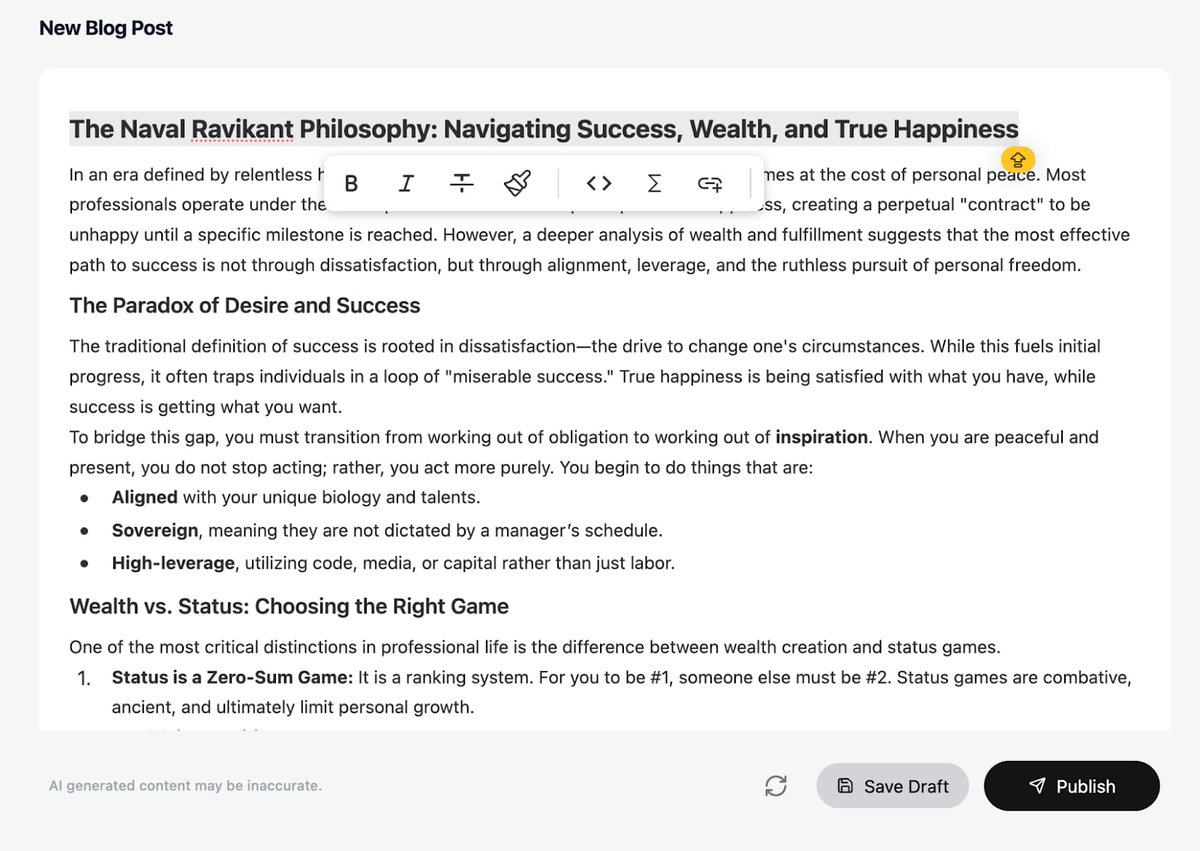 If you’re still manually formatting blogs, you’re doing it WRONG.

The fastest way to go from Source → Published:

The Inputs:
- Messy Audio files
- Dense PDFs
- YouTube links
- Long-form Websites

The Output: A perfectly formatted, AI-optimized blog post through <a href="/HyNote_ai/">HyNote AI</a>. 🚀