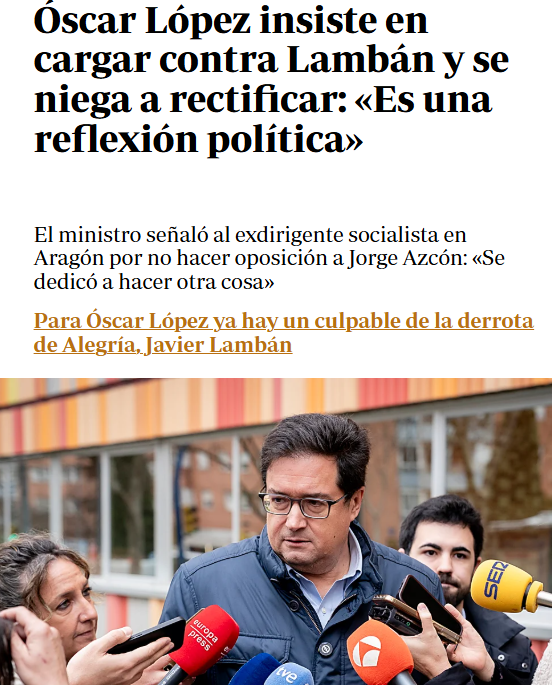Lo peor es que, tras soltar esa barbaridad y falta de respeto a un compañero muerto, Óscar López no sólo no se retracta o suaviza sus palabras, sino que sigue insistiendo y atacando a alguien que no se puede defender. 

Supongo que la familia estará muy contenta con la repugnante