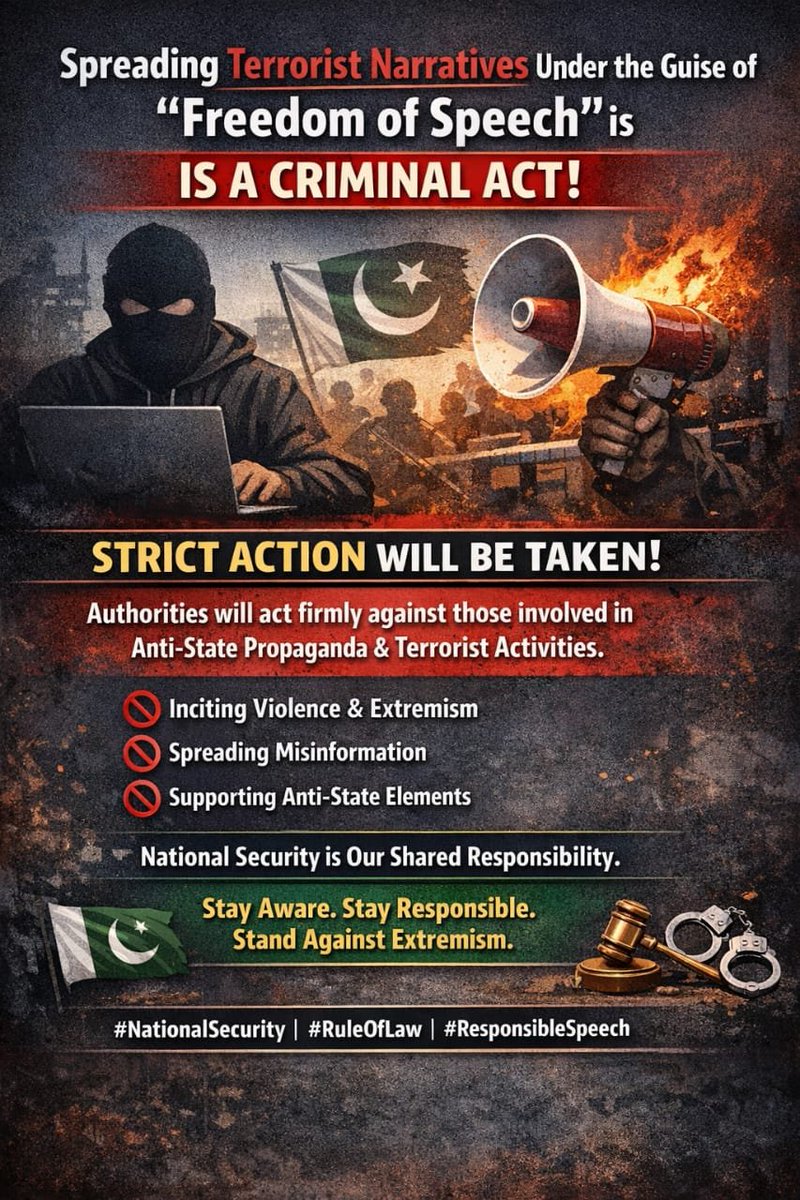 ffsmuqadas's tweet photo. spreading terrorist narratives, glorification, or incitement to commit terrorist acts is a criminal offense and not protected under the guise of freedom of speech.
#BalochistanReality
#PeaceInBalochistan
#TruthMatters
#AgainstPropaganda
#ServingTheNation
#SayNoToMisinformation https://t.co/sUop3AGpEJ