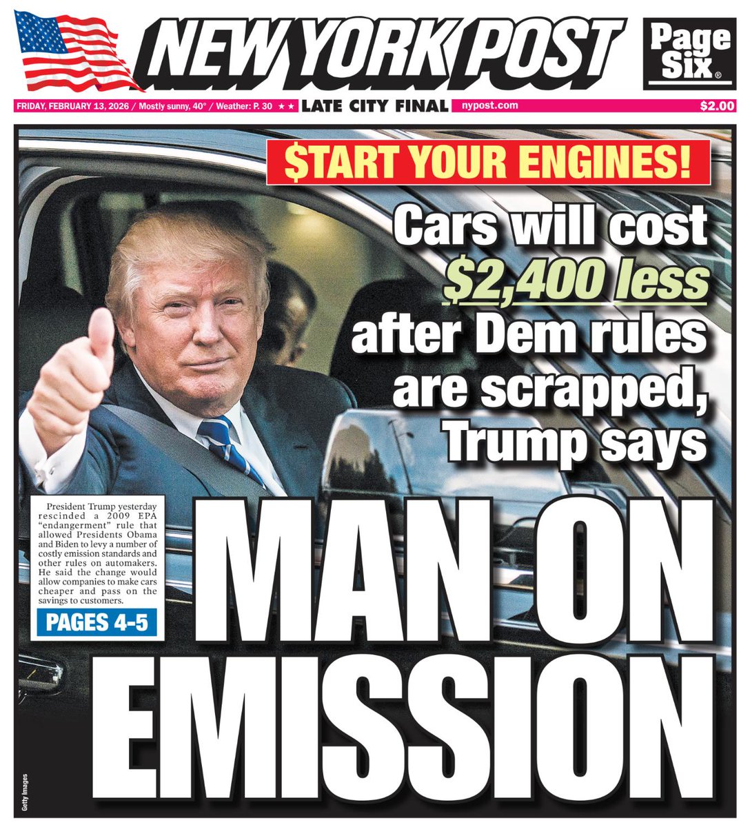 nypost's tweet image. White House says it will save Americans $2,400 on car purchases — this is why. Read today's cover here: nypost.com/2026/02/12/us-…