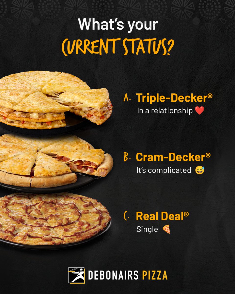 DebonairsPizza's tweet image. This Valentine’s, let your pizza choose your relationship status 🍕💘

Comment the pizza that matches your vibe and we could spoil you this love month.

T&amp;amp;Cs apply.

#DebonairsPizza #TrySomethingAmazing