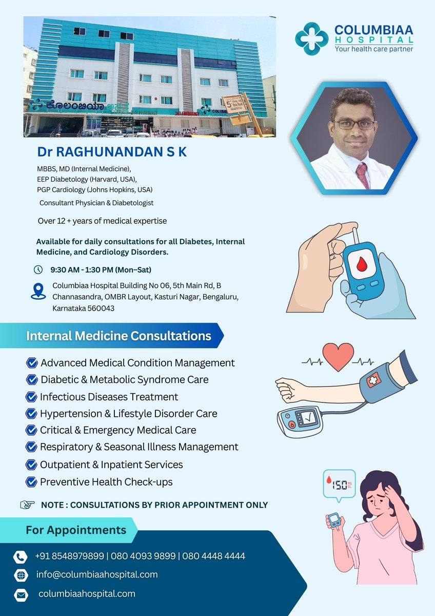 columbiaahosp's tweet image. Dr Raghunandan S K, Consultant Physician &amp;amp; Diabetologist, now available for daily consultations at Columbiaa Hospital, Bengaluru. 12+ yrs expertise. Appointments: 8548979899
#BestHospital #DoctorNearMe #DiabetesCare