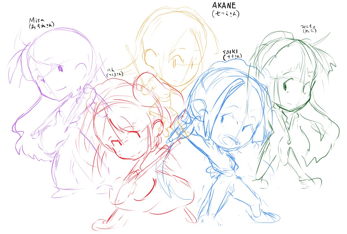 絵師5人コラボ絵裏話

絵師５人に企画参加OKを頂いた後、
「好きなメンバーベスト３を教えて♪」とアンケートを取った上で、前回のコラボ絵と違うメンバーを描くように、描く担当を決めました。

全体のラフ画をぬむが描き、それをベースにみんな頑張って描いてくれました。