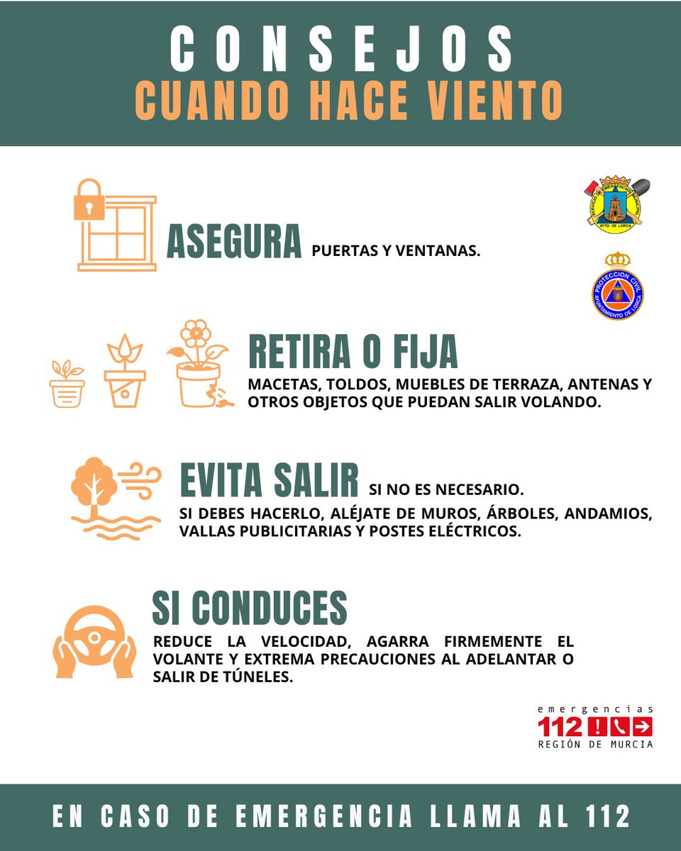 Ya se empieza a notar algunas rachas de viento. Esta tarde soplará con fuerza, pudiendo superar los 90 km/h en puntos del municipio de Lorca. Ten mucha precaución y sigue nuestros consejos.