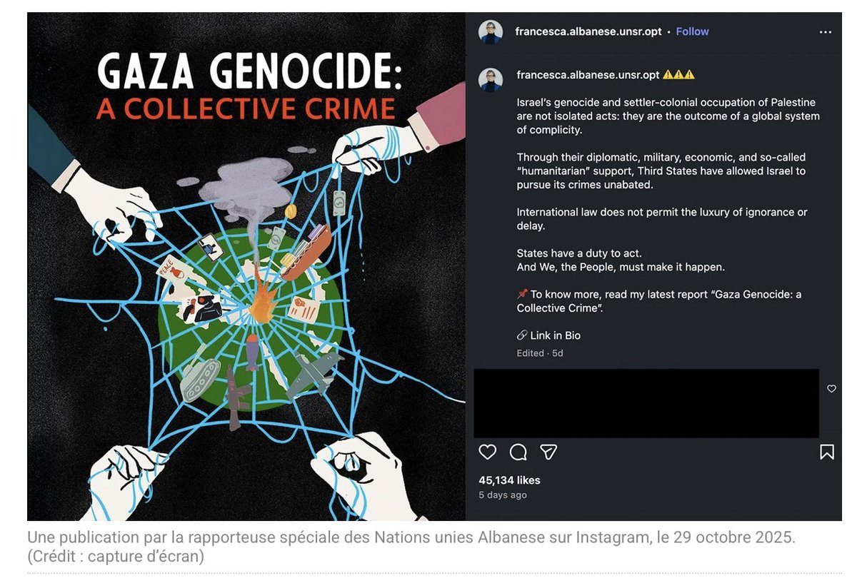 Ici Francesca #Albanese à la librairie Résistances à Paris signant à côté d'un dessin de #Latuff, 2ème prix du Concours international (négationniste) de caricatures sur l'Holocauste organisé à Téhéran.
A côté, son post antisémite (toile d'araignée, billets de banque, char…).