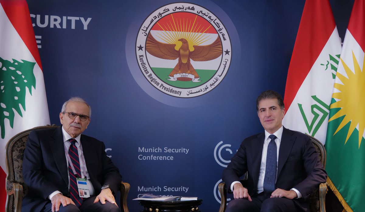 IKRPresident's tweet photo. I met with Prime Minister of Lebanon @nawafsalam on the sidelines of the Munich Security Conference, where we discussed strengthening Iraq and the Kurdistan Region’s relations with Lebanon and exchanged views on regional developments. https://t.co/3QEoifYcwQ