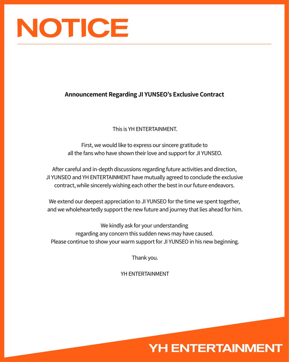 forhayangz's tweet photo. YH Entertainment has announced Yunseo's departure from the company. Let's continue to support him in the future, too. https://t.co/9h84L4eqcf