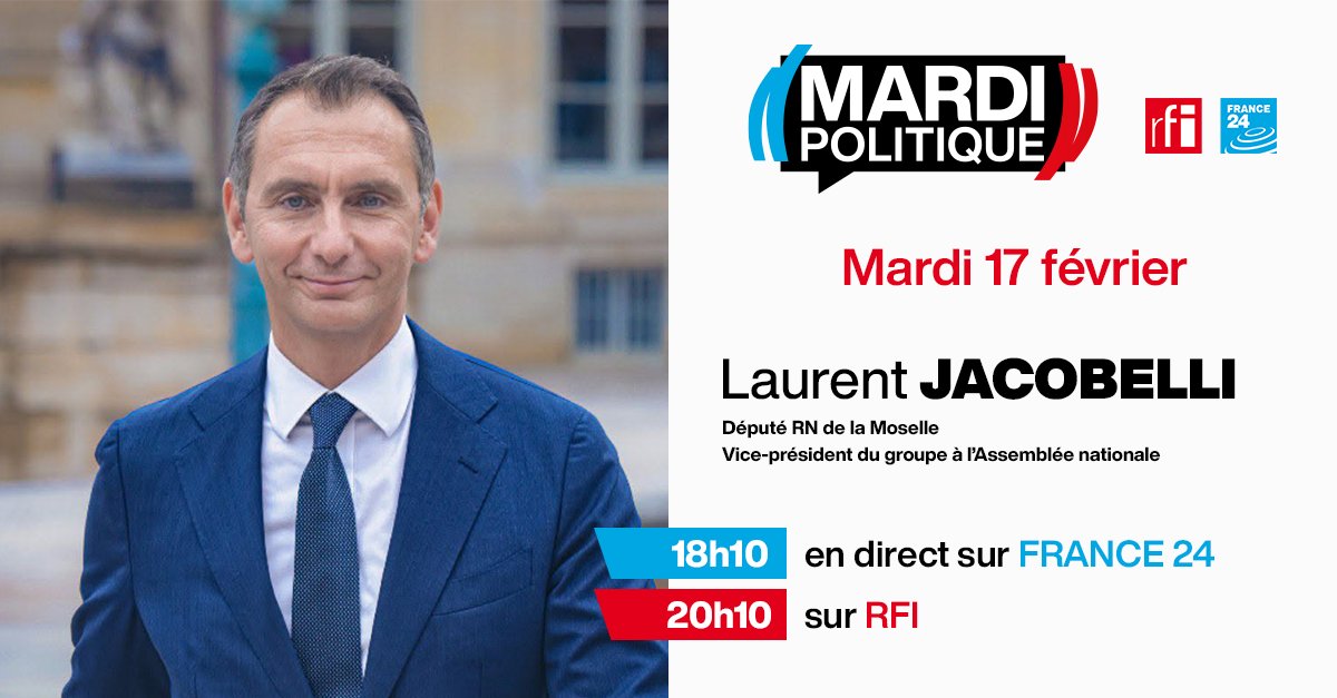 🎙Laurent Jacobelli (<a href="/ljacobelli/">Laurent Jacobelli</a>),député RN de la Moselle, vice-président du groupe à l’Assemblée nationale  sera l'invité de #MardiPol demain sur <a href="/FRANCE24/">FRANCE 24</a> à 18h10 et <a href="/RFI/">RFI</a> à 20h10
Il répondra aux questions de <a href="/RoselyneFebvre/">Roselyne Febvre</a>
et <a href="/FredRiviereRFI/">Frédéric Rivière</a>