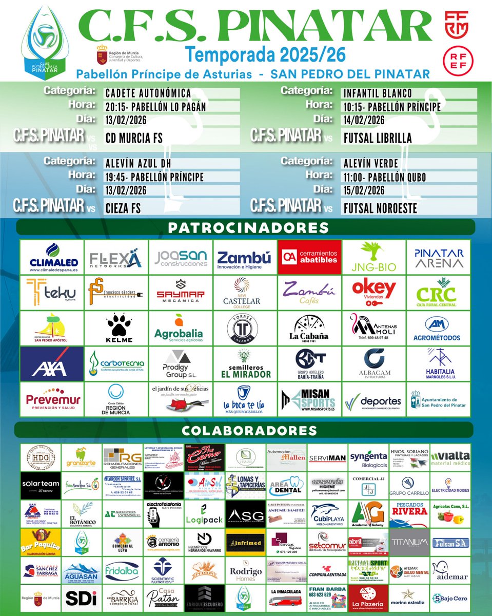 CFS_Pinatar's tweet image. 😜Yo de tí haría que tus planes de fin de semana pasaran por San Pedro del Pinatar...

✍🏻Toma nota, estos son los encuentros que nuestros equipos disputarán en casa

#GOZambúCA #GOPinatar #CFSFactory💙💚