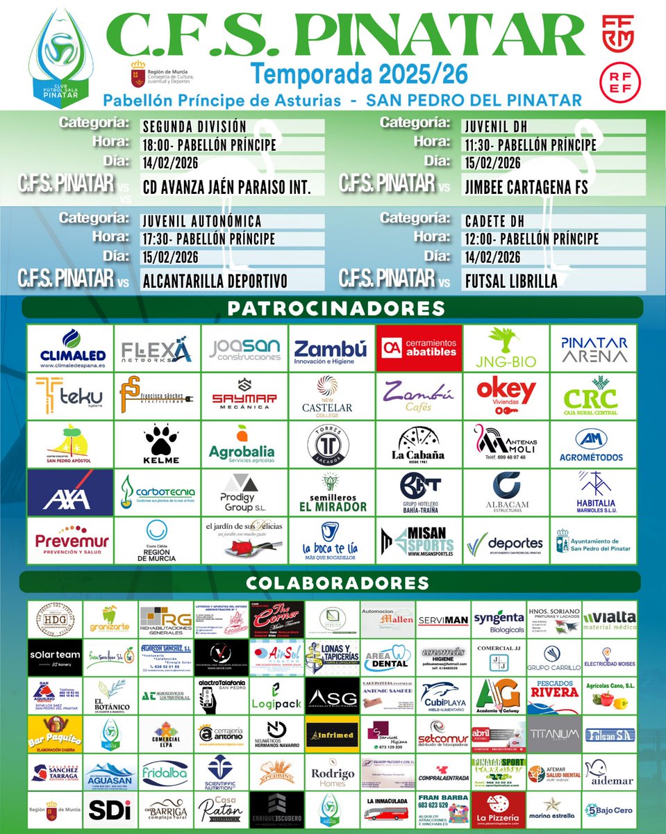 CFS_Pinatar's tweet image. 😜Yo de tí haría que tus planes de fin de semana pasaran por San Pedro del Pinatar...

✍🏻Toma nota, estos son los encuentros que nuestros equipos disputarán en casa

#GOZambúCA #GOPinatar #CFSFactory💙💚