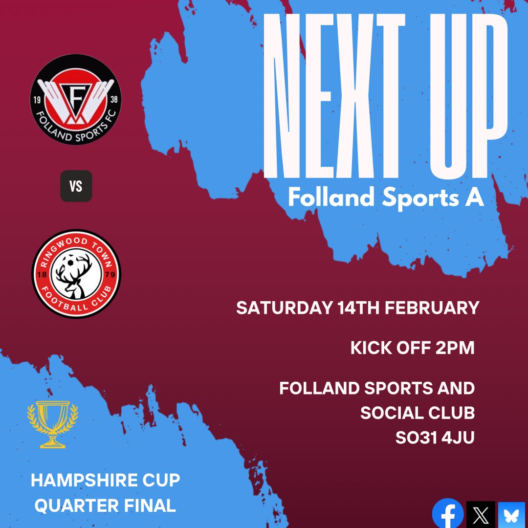 NEXT 🆙 

🏆 Hampshire cup Quarter Finals for our A team tomorrow 

🆚 Follands A team vs Ringwood 
⏰ 2pm
🏟️ Folland sports social club 
📍 SO31 4JU 

Come and support the boys ✈️