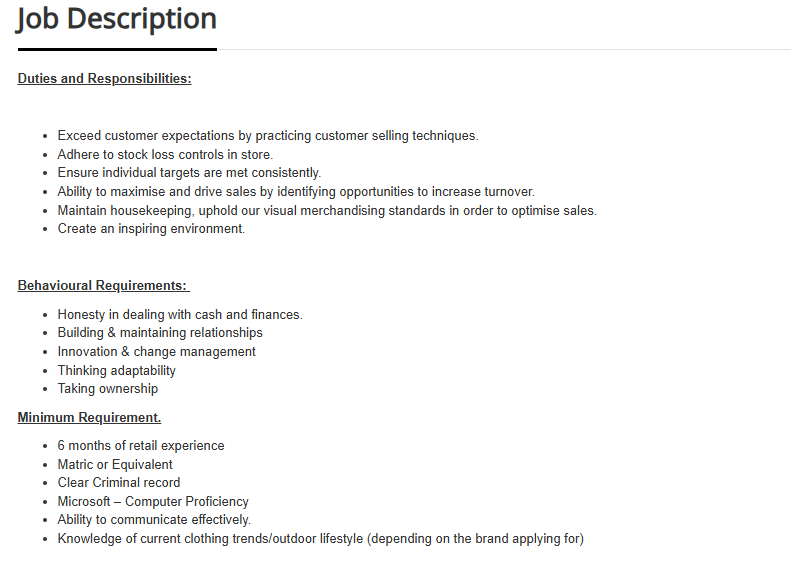 Job Alert!!!

Company: Old Khaki
Position: Sales Assistant
Location: Boksburg, Gauteng
Click here to apply: spanihunter.co.za/single-job/?id…
Closing Date: 28/02/2026

Please refer to the picture for more info