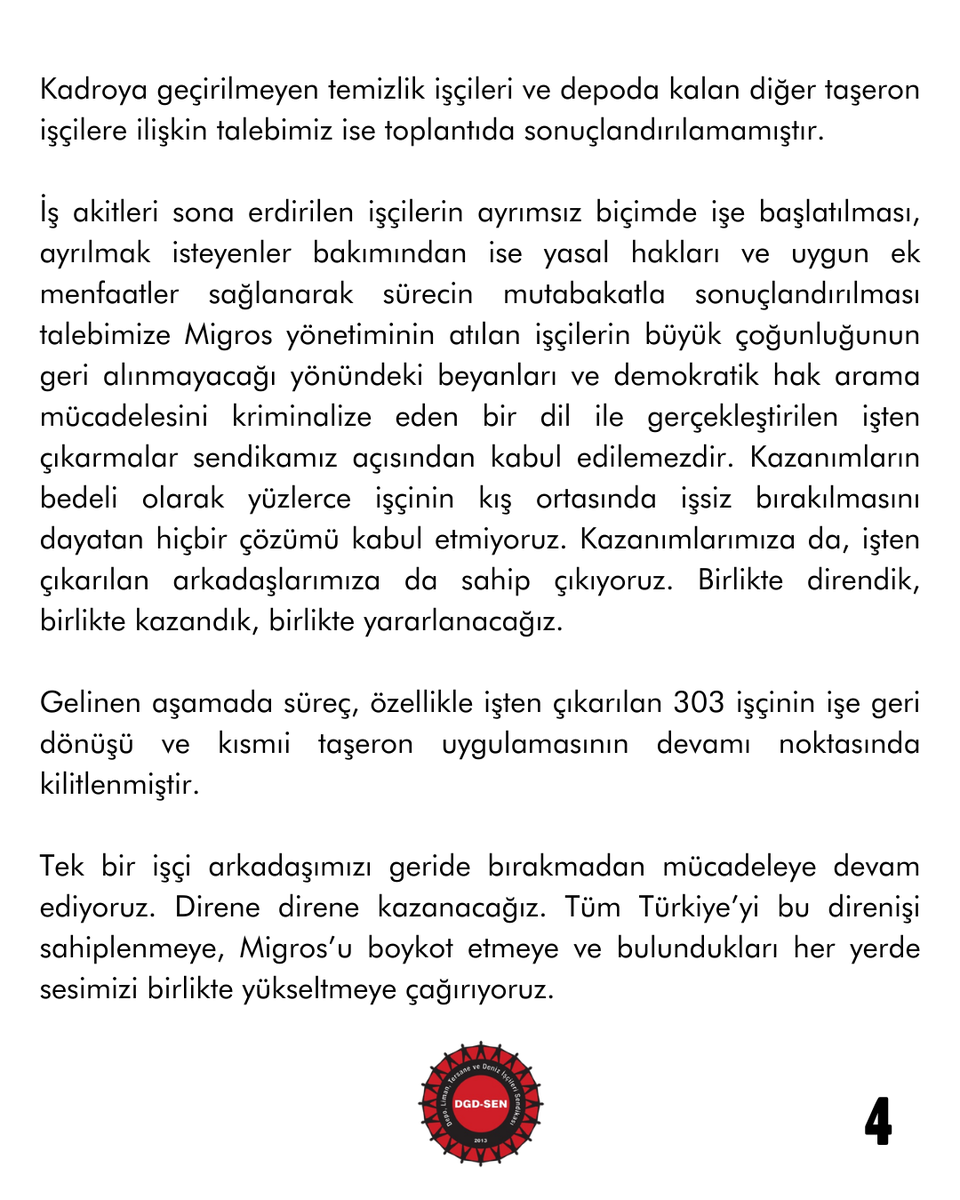 ZAFERE ÇOK YAKINIZ, DİRENİŞE DEVAM!

Direnişimizin başından bu yana tek bir işçi arkadaşımızın hakkını geride bırakmayacağımızı, tüm işçileri kapsayan ve ikna edici bir çözümde ısrarcı olduğumuzu ifade ettik; bu tutumumuzu halen sürdürüyoruz.

dgd-sen.org/2026/02/zafere…