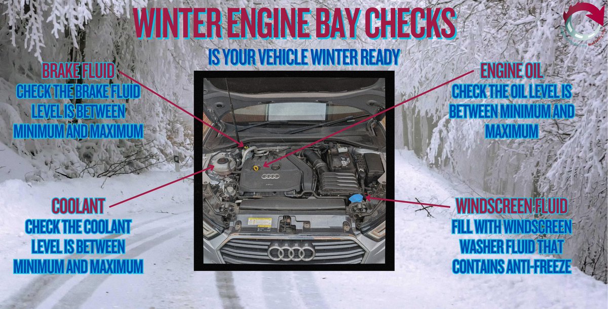 RoadSafetyWales's tweet photo. ❄️🚗Winter is here. Is your vehicle ready?

Quick winter checks:
 🔧Engine oil – between min &amp; max
 🛑Brake fluid – check levels
 🌡️Coolant – correct level + antifreeze
 💦Washer fluid – use anti-freeze mix

A 5-minute check can prevent breakdowns and keep you safe on icy roads. https://t.co/hfN5uj01lO