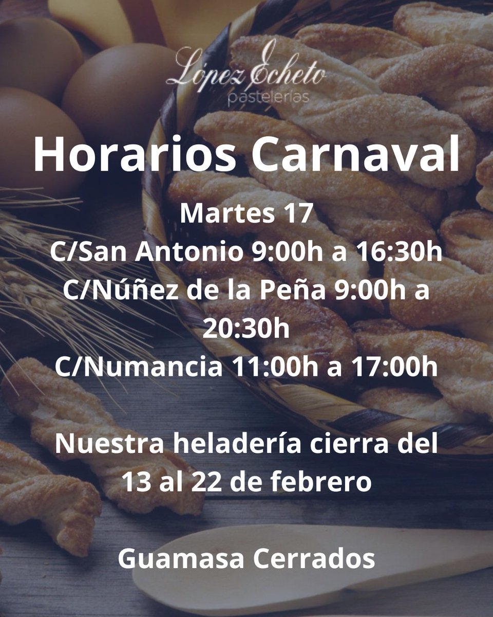 ¡Se acercan los carnavales! Y nosotros te compartimos nuestros horarios para el próximo martes de Carnaval.

➡️En Guamasa cerramos
➡️Nuestra heladería en S/C cierra del 13 al 22
➡️En Núñez de la Peña hay horario normal
➡️En San Antonio abrimos de 9 a 16:30
➡️Numancia de 11h a 17h