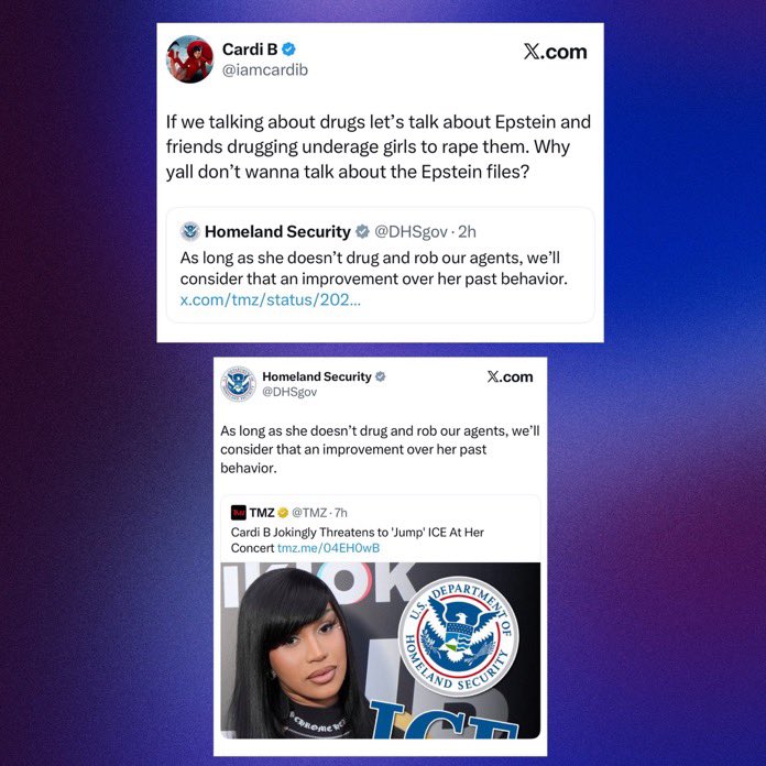 Aesalerte's tweet image. 🚨 CLASH AUX ÉTATS-UNIS 🇺🇸

La rappeuse Cardi B s’en prend violemment au Immigration and Customs Enforcement (ICE) :

🗣️ « Si l’ICE vient ici, on va les tabasser. »

Le gouvernement américain réplique ironiquement :
« Tant qu’elle ne se drogue pas et ne s’en prend pas à nos…