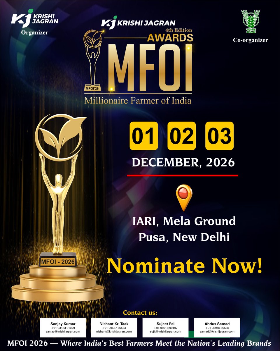 kjkrishimedia's tweet image. From fields to fortune - let their journey inspire the nation

Nominate outstanding farmers for MFOI 2026 and celebrate innovation, leadership, and agri-entrepreneurship.

Nominate Now! 
millionairefarmer.in/categories

#FarmInnovation #AgriEntrepreneur #MFOI2026 #nominateatrailblazer