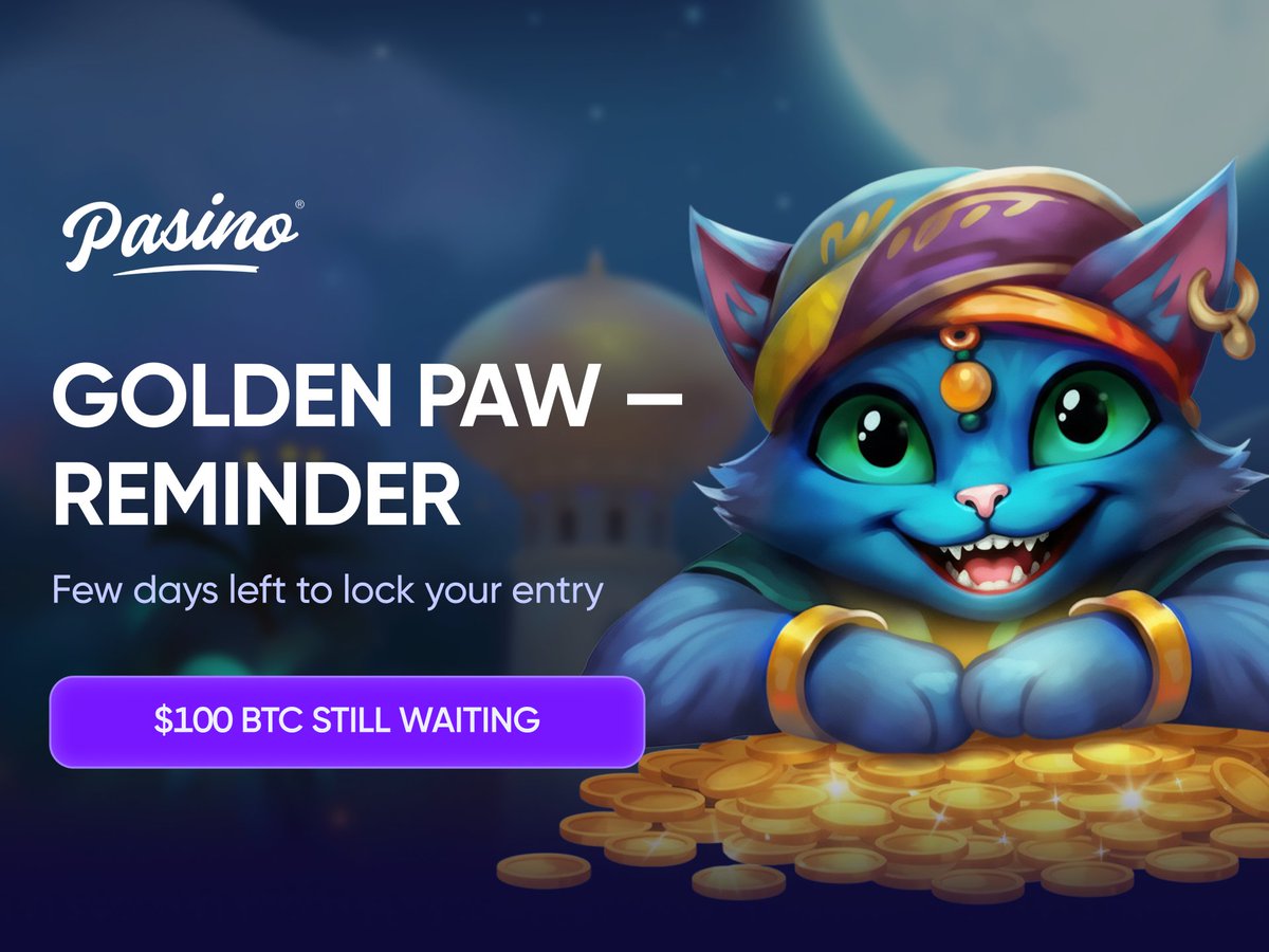 ⏰ GOLDEN PAW GIVEAWAY REMINDER

$100 BTC still waiting!

LEVEL 5+ | $50 bets on Golden Paw Hold &amp; Win
Like + RT + Tag 2 friends

Paws stacking 1,000x jackpots.

Few days left - lock your entry.

pasino.com/slot/softswiss…

Don't sleep on those cat genie wins! 🐾💰