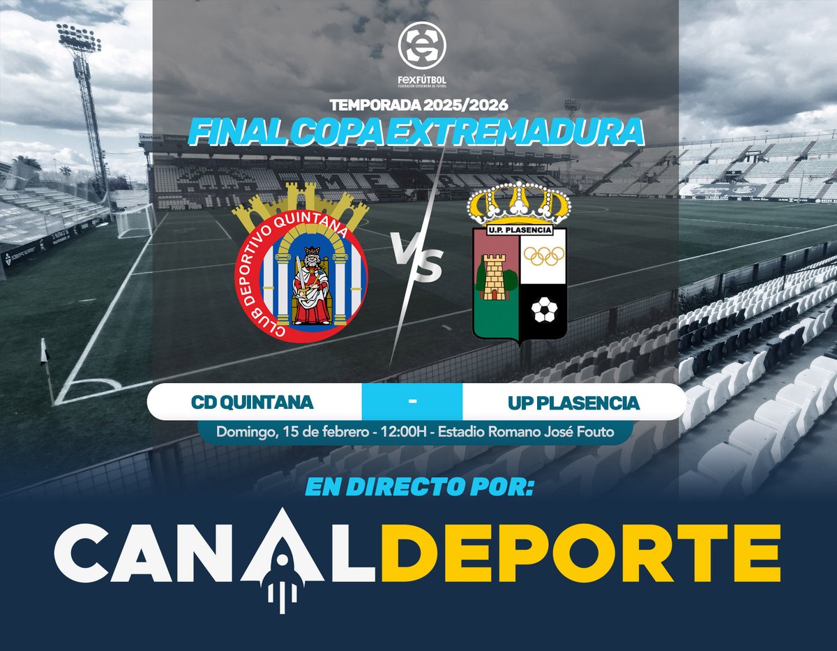 🏆 | #CopaExtremadura |

📢¡𝐎𝐣𝐨 𝐚𝐥 𝐝𝐚𝐭𝐨!

📺¡La final de 🏆𝐂𝐎𝐏𝐀 𝐄𝐗𝐓𝐑𝐄𝐌𝐀𝐃𝐔𝐑𝐀 𝟐𝟎𝟐𝟓/𝟐𝟎𝟐𝟔 será retransmitida 🔴𝐄𝐍 𝐃𝐈𝐑𝐄𝐂𝐓𝐎 por <a href="/CDeporteTV/">CanalDeporte</a> de forma totalmente gratuita!:

<a href="/CDQuintana2024/">Club Deportivo Quintana</a> 🆚 <a href="/UPPlasencia_/">U.P. Plasencia</a>
📅Domingo, 15/2 | ⏰12:00H

📲𝐀𝐩𝐩