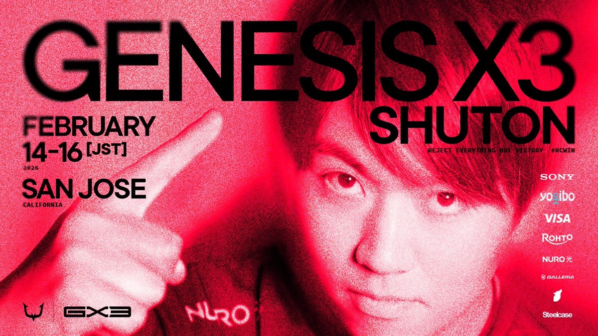 GENESIS X3

2/14 Sat. - 2/16 Mon.

Shuton | <a href="/syu_tolimar/">RC Shuton(しゅーとん)</a>

📺twitch.tv/genesisgg
📝x.gd/q9MD0

#RCWIN #GX3 #スマブラSP