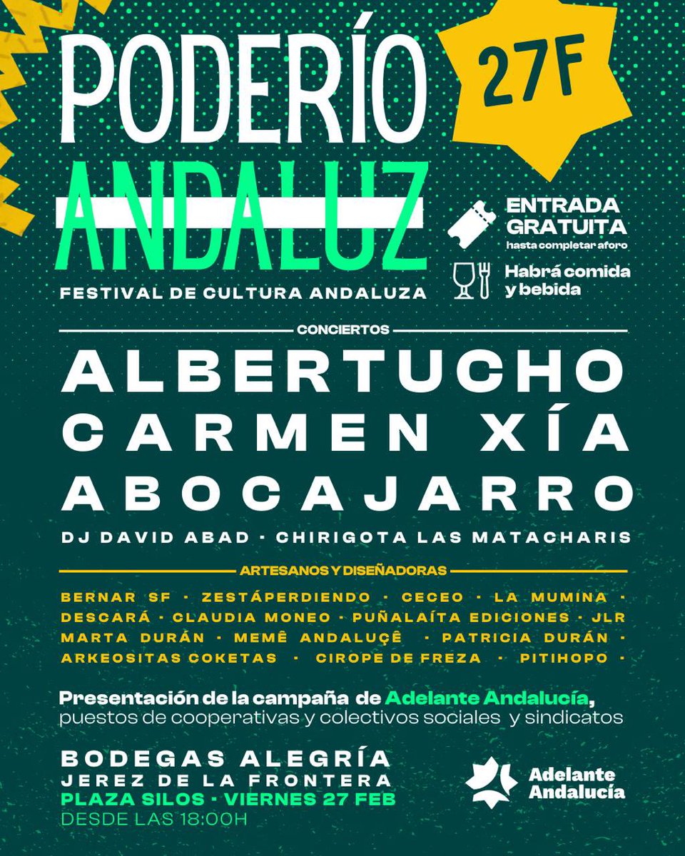 ❇️ Por fin podemos anunciarlo:

¡Este es el cartel completo para celebrar el día de Andalucía por todo lo alto! 

Te presentamos: Poderío Andaluz

Arrancamos el camino hacia las andaluzas en un día de conciertos con pedazos de artistas andaluces y andaluzas y con un espacio con