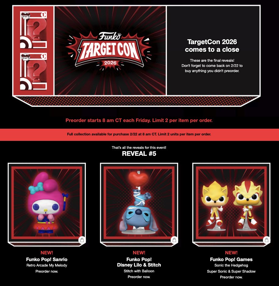 funkofinderz's tweet photo. TARGETCON IS BACK 🎯

New exclusive Funko Pop! drop TODAY at 9AM ET

Super Sonic & Shadow, Lilo & Stitch, and My Melody 👀

Don’t sleep 👉 https://t.co/1YMTvIURcE

#Ad #TargetCon #Funko #FunkoPop