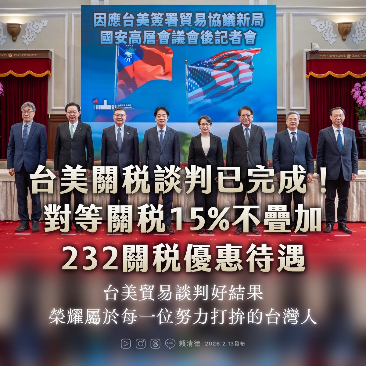 Today, #Taiwan &amp; the #US signed an Agreement on Reciprocal Trade. By lowering tariffs on Taiwanese exports to 15% &amp; securing the most favorable treatment under Section 232, this new milestone boosts our competitiveness &amp; cements our strategic partnership in high-tech with the US.