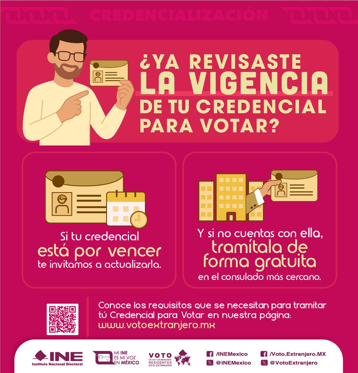 Revisa la vigencia de tu credencial, y si ya expiró. ¡Actualízala! 🗳
#VotoExtranjero #INEMéxico