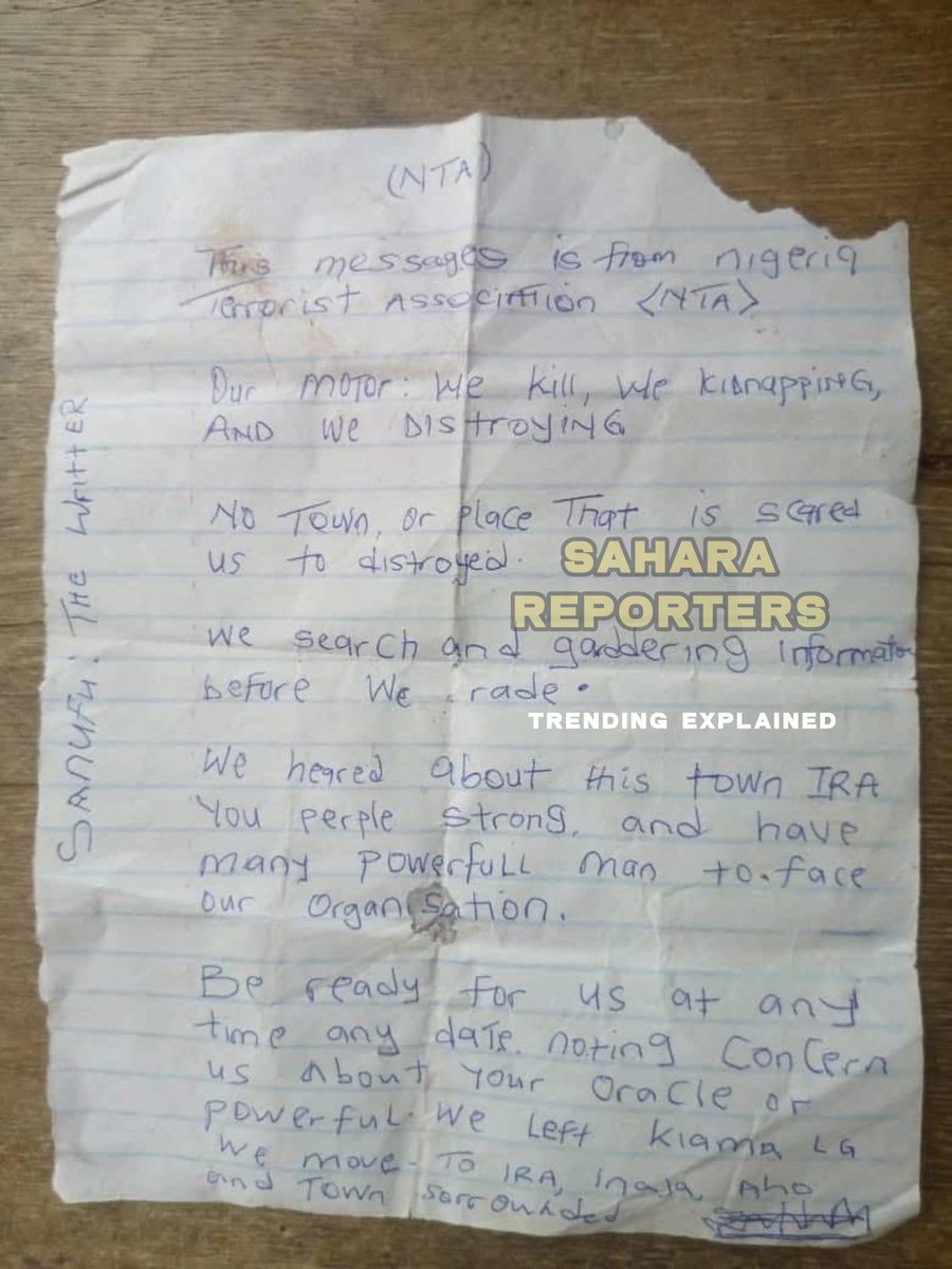 TrendingEx's tweet photo. Just In: Nigerian Terrorists Association (NTA) liked to the Woro massacre, writes fresh threat letter to residents of Oyun LGA, Kwara State, to expect an attack anytime soon.

“We have left Kaiama. We heard you people strong . We kill. We kidnapping. We destroying.” — NTA https://t.co/5EdLm2oQyz