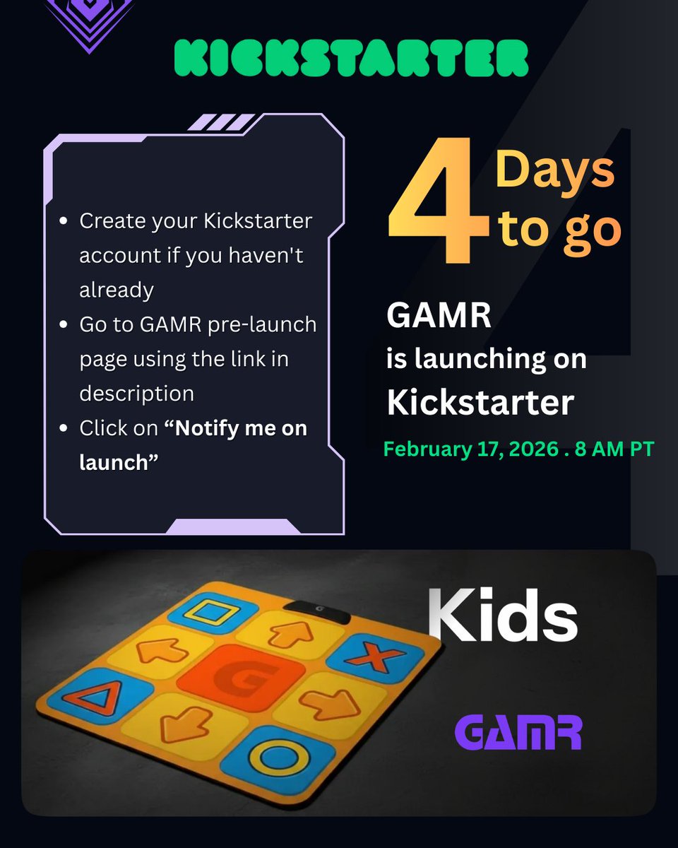 getgamr's tweet photo. 4 days to go.

Save the date: February 17 • 8:00 AM PT.

- Create your Kickstarter account today.
- Click Notify me on launch.

Link to GAMR Pre-launch page: https://t.co/V5IsZhw2QO

Early access favors the ready.

#gamr #kickstarter #gaminginnovation https://t.co/xpmDlEHzCu