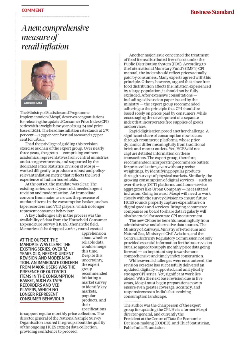 Out with the old, in with the digital! 📉📈

In <a href="/bsindia/">Business Standard</a>, Ashish Kumar (Chief Statistician, <a href="/PahleIndia/">Pahlé India Foundation</a>) discusses the release of India's new CPI series (Base 2024).

Key upgrades: ✅ Basket expanded to 358 items (e.g., OTT, AirPods) ✅ Inclusion of e-commerce &amp; digital services