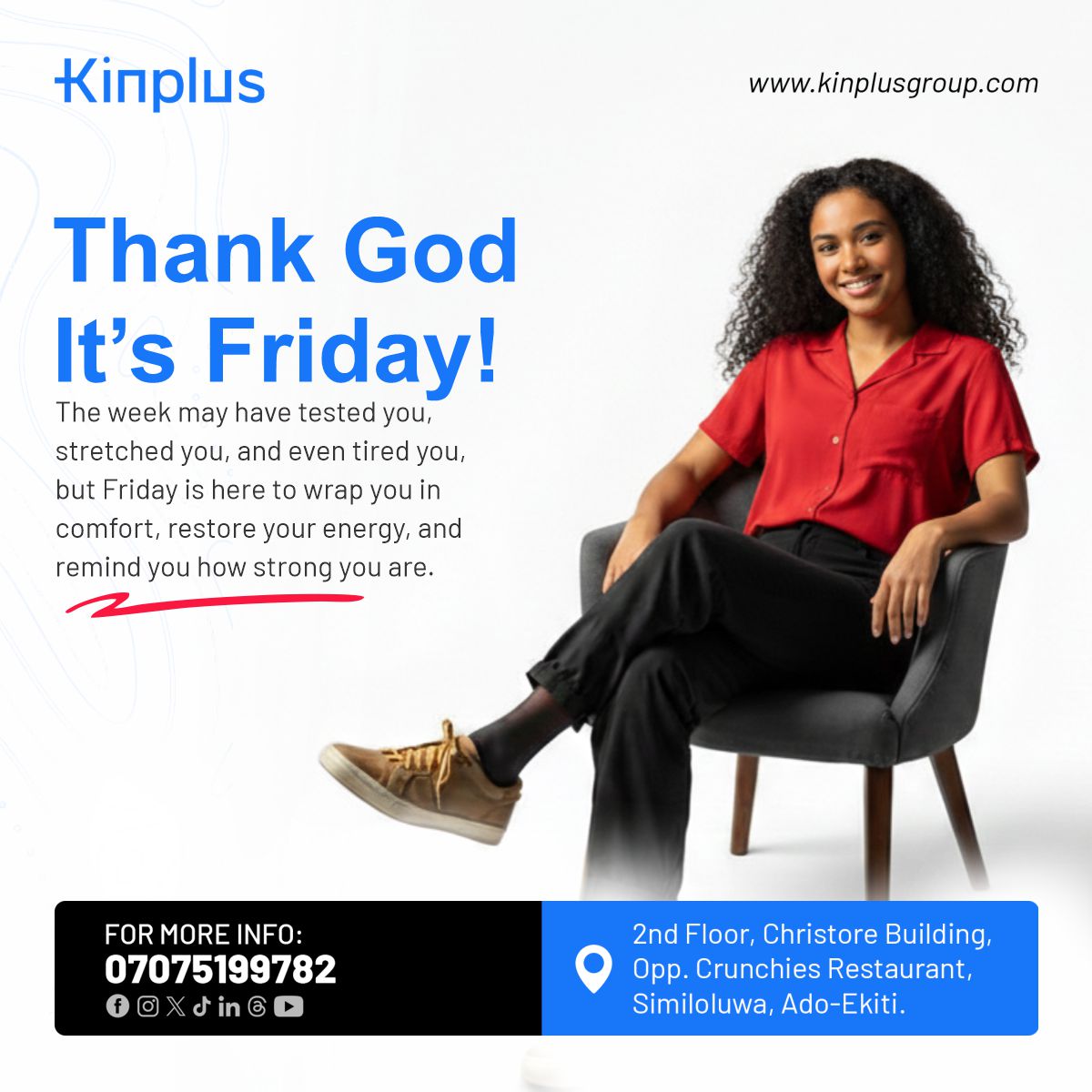 kinplustech's tweet photo. "TGIF!
The week tested you, stretched you, tired you... but Friday's here to hug you tight, recharge your soul & remind you: YOU ARE STRONG 💥🙏
Rise & shine brighter next week!
#TGIF #ThankGodItsFriday #FridayMotivation #YouGotThis #Kinplus #KinplusGroup" https://t.co/MtufKTNoYC