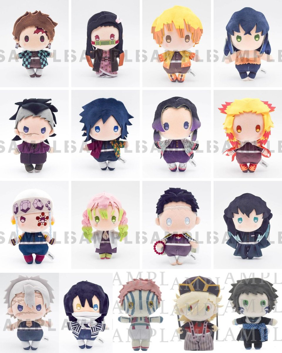 My made-to-order Yuru-fuwa items happened to arrive today — the Giyu and Sanemi in the middle are the mini size, and the plushies announced in this round of orders are actually bigger than those. They’re about the same size as Hakuji and Akaza on the left and right, so please use