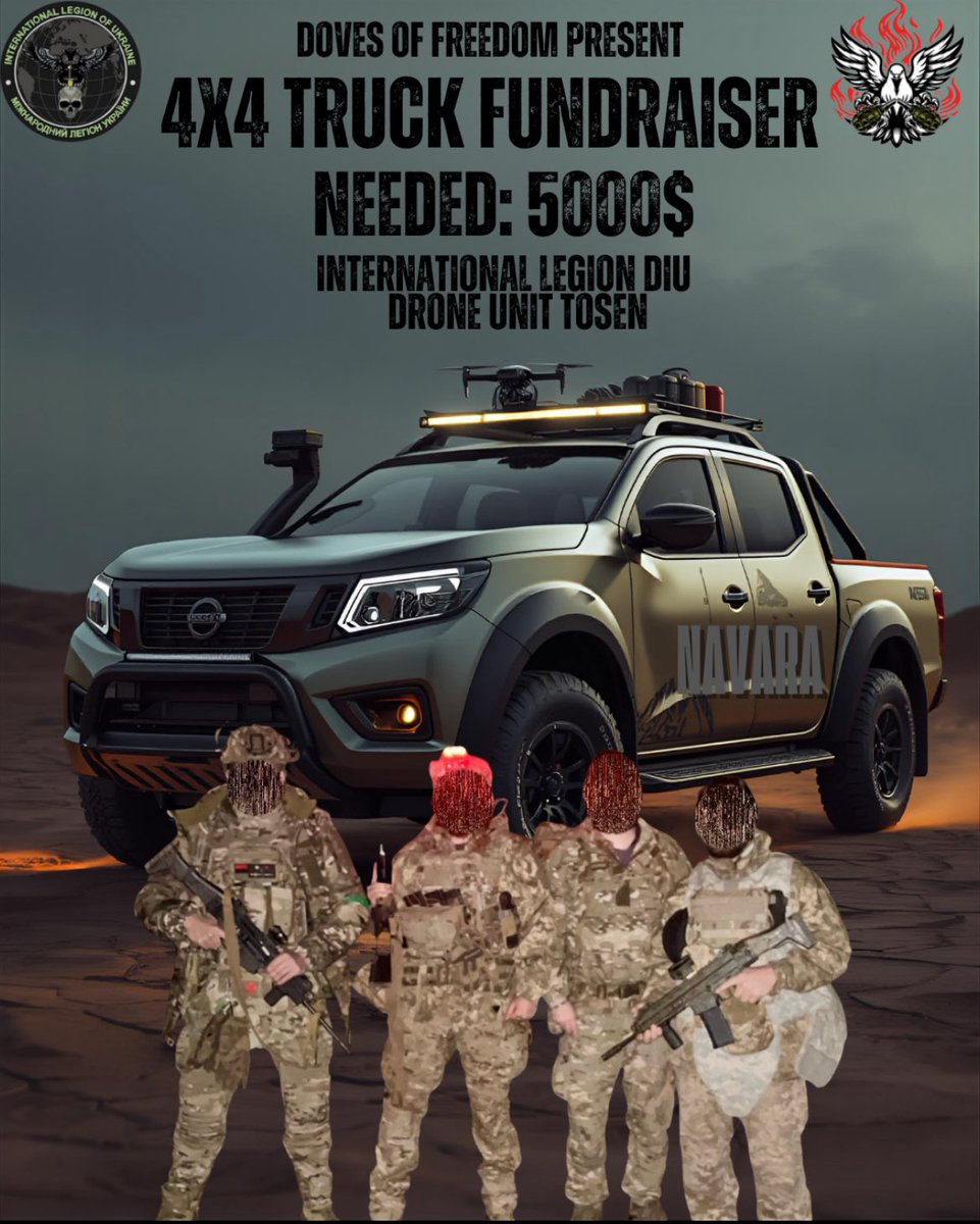 Summoning the help of #NAFOCANADA to help us with this fundraiser.

A 4x4 vehicle to a unit half Canadians and half Ukrainians?

Yes please 🇨🇦🇨🇦🇨🇦🇨🇦🇺🇦🇺🇦🇺🇦🇺🇦🇺🇦

Raised: 2050$
Needed: 5000$

This particular unit is made of 50% Canadians and 50% Ukrainians!

Any Canadians can