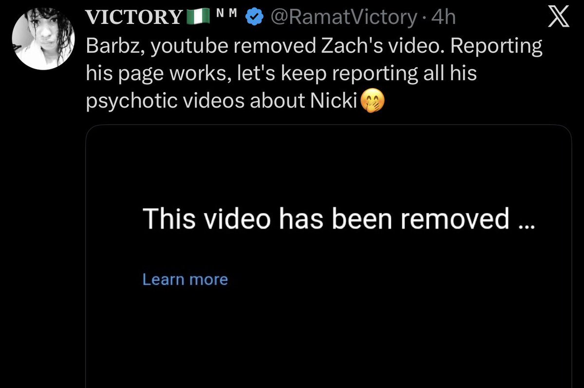 Good morning Barbz! Zach had one of his videos removed from YouTube and another one restricted 🤭 keep going until they permanently ban him from the platform! He can’t keep getting away with speaking negatively and spreading misinformation about Nicki💪🏾 see what happens when we