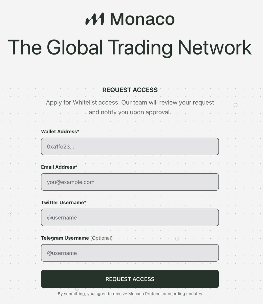 Monaco Waitlist - Airdrop 🪂

Hızlıca erken erişim ile <a href="/MonacoTrading/">Monaco</a> projesinde Testnet için yerimizi ayırtalım.

Maliyet: 0$

➡️ Whitelist adresine gidin: whitelist.0xmonaco.com
Cüzdan adresinizi girin.
Diğer detayları doldurun.
➖ Tüm işlemler bu kadar. Public Testnet