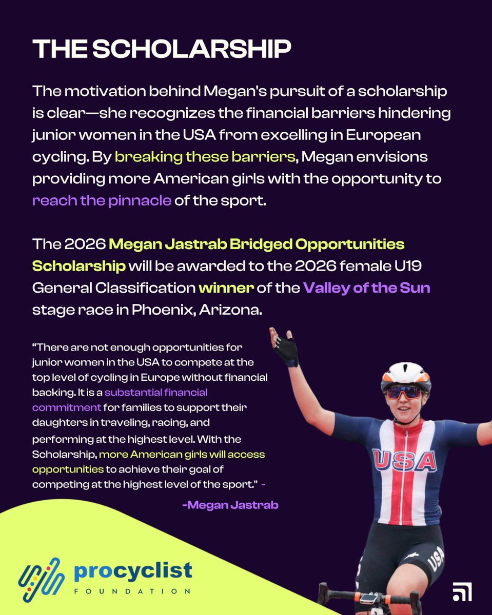 JastrabMegan's tweet photo. Exciting announcement 💜

I’m launching the Megan Jastrab Bridged Opportunities Scholarship with the Pro Cyclist Foundation! I’m so excited to see this come to life and look forward to seeing who is awarded the scholarship after this weekends race at Valley of the Sun! https://t.co/UeZR5X87xA