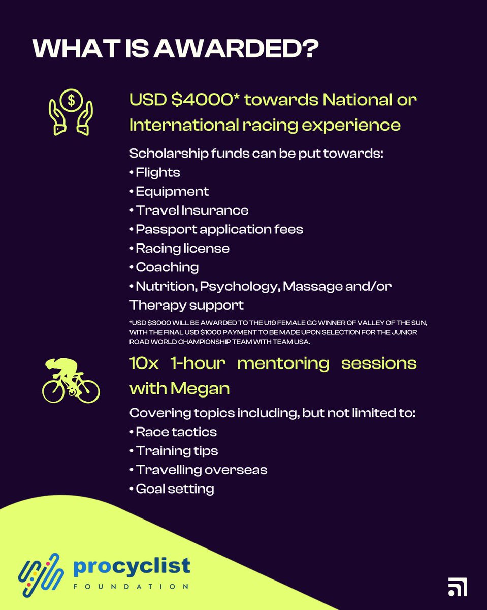 JastrabMegan's tweet photo. Exciting announcement 💜

I’m launching the Megan Jastrab Bridged Opportunities Scholarship with the Pro Cyclist Foundation! I’m so excited to see this come to life and look forward to seeing who is awarded the scholarship after this weekends race at Valley of the Sun! https://t.co/UeZR5X87xA