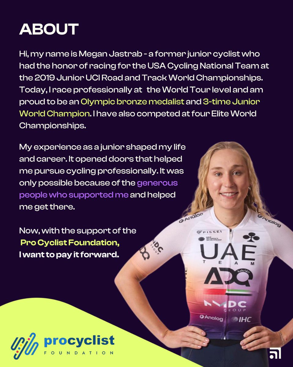 JastrabMegan's tweet photo. Exciting announcement 💜

I’m launching the Megan Jastrab Bridged Opportunities Scholarship with the Pro Cyclist Foundation! I’m so excited to see this come to life and look forward to seeing who is awarded the scholarship after this weekends race at Valley of the Sun! https://t.co/UeZR5X87xA