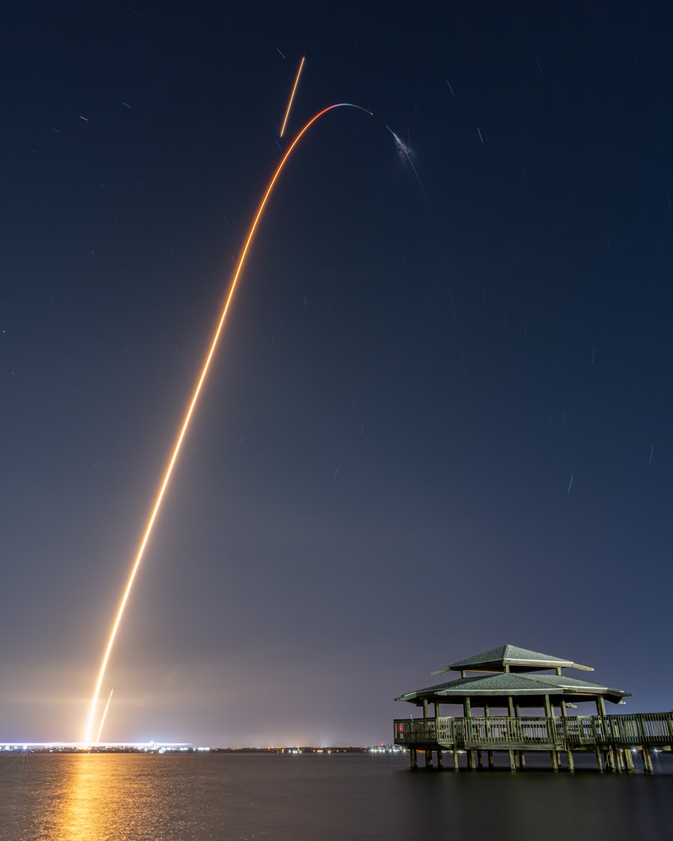 Mike_Seeley's tweet photo. Liftoff!! 

At 5:15am (ET) Friday, a SpaceX Falcon 9 rocket launched from Cape Canaveral sending a Crew Dragon spacecraft to orbit. On board: 4 humans heading for the International Space Station. 

~8 mins later, the 1st stage booster returned to be flown again. 

(447-sec exposure from Cocoa Beach)