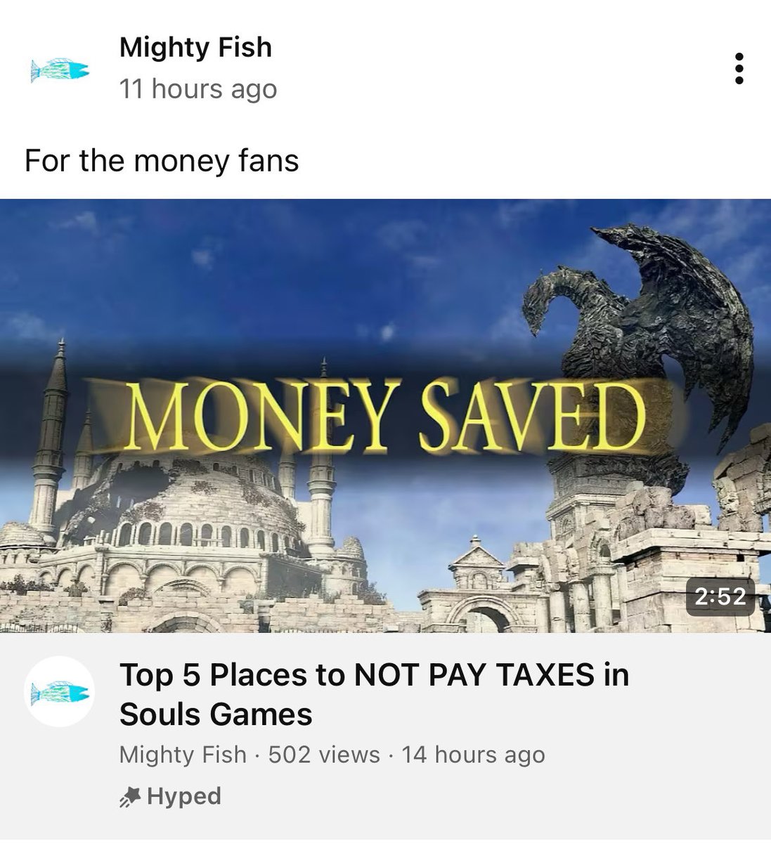 MightyFish_YT's tweet photo. Today I am teaching people how to commit tax evasion in Souls Games #ELDENRING #DARKSOULS https://t.co/0uU8vFVfQK