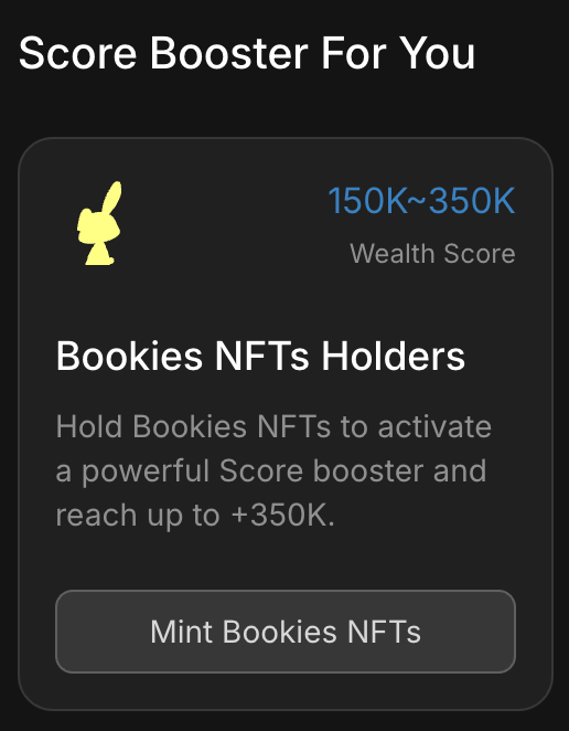 Why hold a Bookie?

It directly boosts your Wealth Score (+150,000 base, +50,000 incremental) and strengthens your overall WISE credit.

Future engagement layers will continue to reward verified holders.