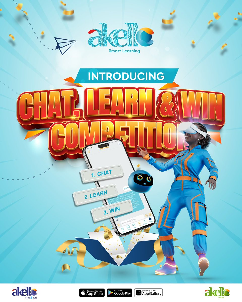 learnwithakello's tweet photo. 🎓📱 Ready to learn AND win?

We’re excited to introduce the Chat, Learn & Win Competition to all students!

All you have to do is:
1️⃣ Open Akello Smart Learning
2️⃣ Use the Ask Akello feature
3️⃣ Chat with our bot and keep learning

That’s it — you could stand a chance to WIN a Samsung A9 Learning Tablet! ✨

Start chatting. Start learning. Start winning.
Terms & Conditions apply.

#ChatLearnWin #AkelloSmartLearning #AkelloAi