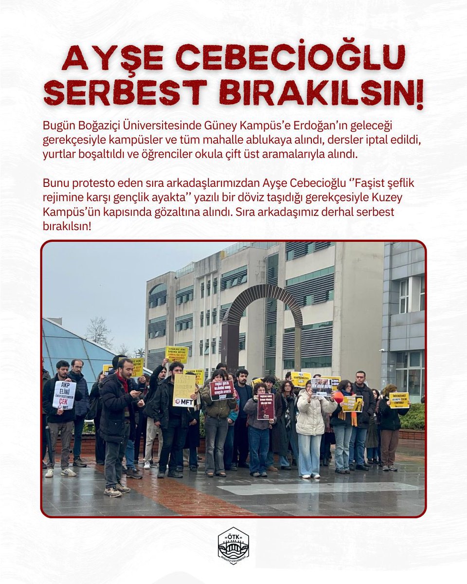 Sıra arkadaşlarımızdan Ayşe Cebecioğlu ‘’Faşist şeflik rejimine karşı gençlik ayakta’’ yazılı bir döviz taşıdığı gerekçesiyle Kuzey Kampüs’ün kapısında gözaltına alındı. 

Sıra arkadaşımız derhal serbest bırakılsın! #bogaziciablukada