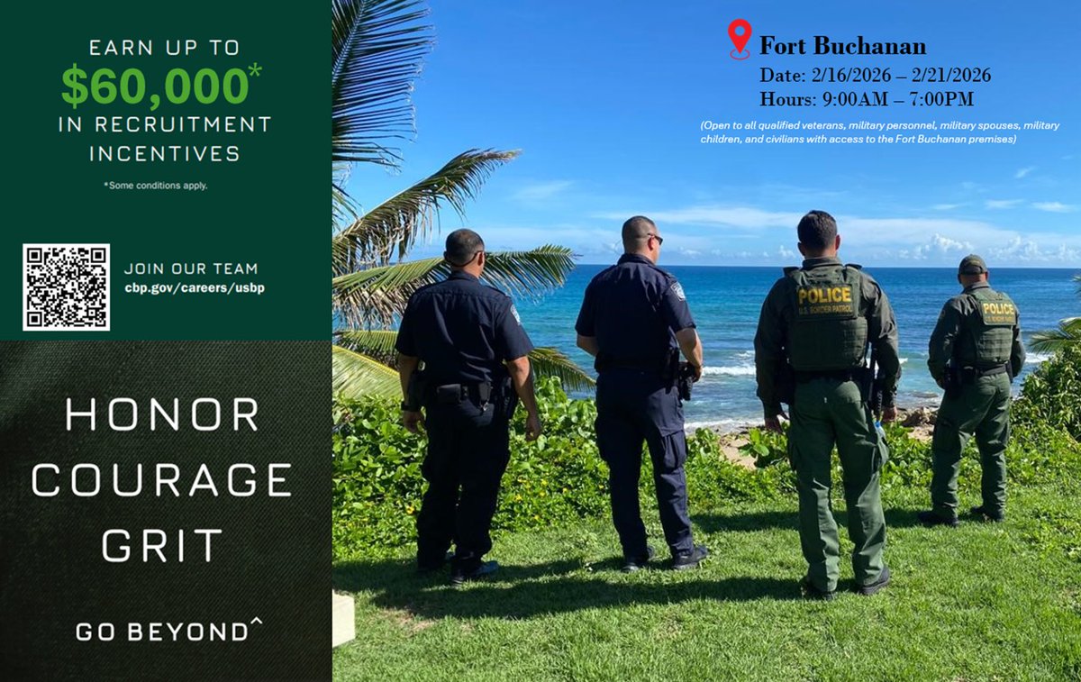 USBPChiefRMY's tweet photo. Are you ready to make a difference and take on an exciting new challenge? 

📅 Dates: 2/16/2026 - 2/21/2026 
⏰ Hours: 9:00AM – 7:00PM 
📍 Location: Fort Buchanan https://t.co/8Z6dBbP8xi