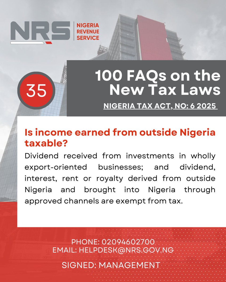 NigeriaRevenue's tweet photo. Day 5: The New Tax Laws are here. Check out our FAQs for clear answers and guidance 📑. #NRS #NewTaxLaws https://t.co/eU4vYzU8ii